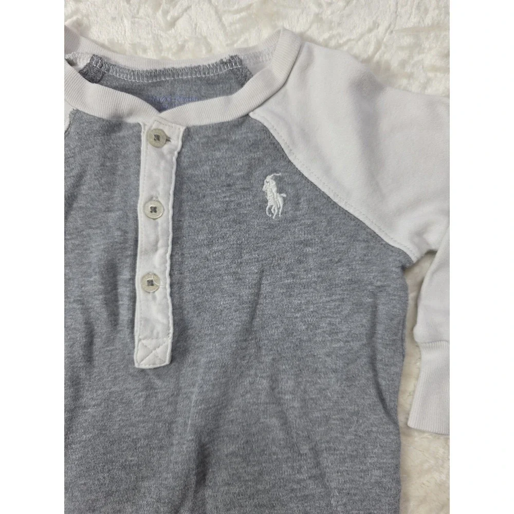 Ralph Lauren Baby Boy Gray White Footless Romper Jumpsuit 6M Pony Logo